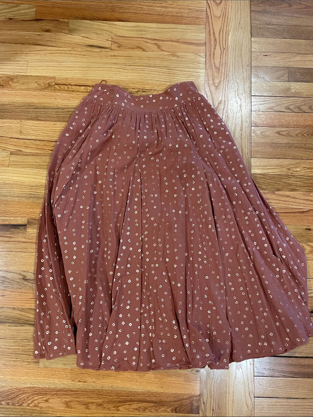 Anthropologie Rust Brown Midi Skirt with White Dot Print
